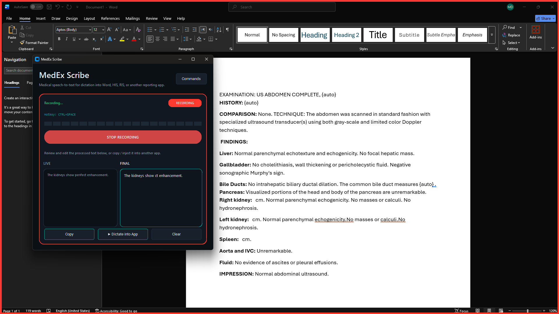 MedScribe running alongside Microsoft Word